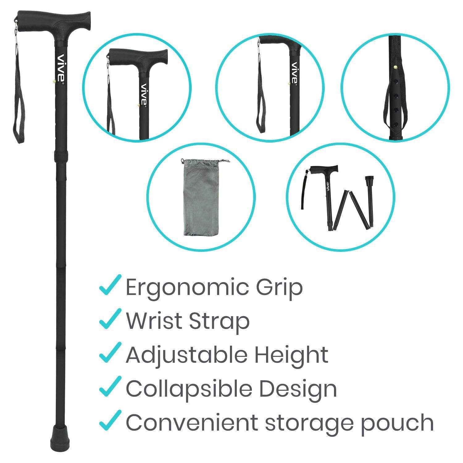 Vive Health Folding Cane – Lightweight, Adjustable, Collapsible Mobility Aid